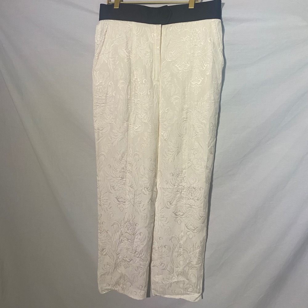 Tory Burch Floral Jacquard Pants New Ivory Black Contrast Waistband 73907 Sz 12